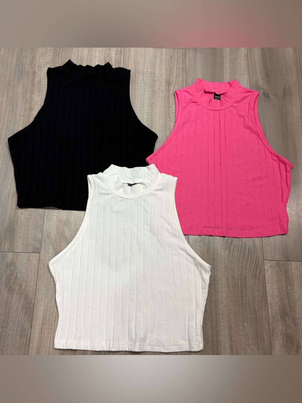 SHEIN Bundle Ribbed Mock Neck Tank Tops - White, Black, Bright Pink Size XL